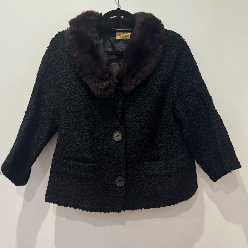Vintage 50s Winter Curly Lamb Wool Fur Trim Black Car Coat Sz Large  USA